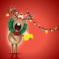 Decorated standing Reindeer decorated with wreath and luminous electric garland singing a Christmas carol and taking selfie Royalty Free Stock Photo