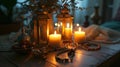 decorated table bathed in warm candlelight with dates, lanterns, and prayer beads - ramadhan