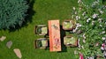 Decorated table with cheese, strawberry and fruits in beautiful summer rose garden, aerial top view of table food and drinks Royalty Free Stock Photo