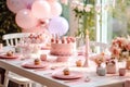 Decorated table for girls birthday celebration created with Generative Al technology Royalty Free Stock Photo