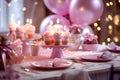 Decorated table for girls birthday celebration created with Generative Al technology Royalty Free Stock Photo