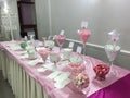 Decorated table in pink full of candies, girl celebration