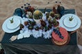 Decorated table with succulents on the evening seaside Royalty Free Stock Photo