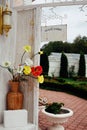 The decorated territory of the restaurant with a park, ready to receive the holiday Royalty Free Stock Photo