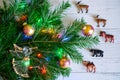 Decorated with toys and lights, a branch of the Christmas tree n Royalty Free Stock Photo