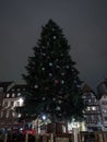 Decorated traditional christmas tree standing on Place Kleber square in Strasbourg Alsace Grand Est France at night Royalty Free Stock Photo