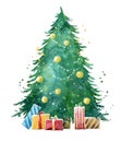 Decorated traditional Christmas tree watercolor illustration hand painted Royalty Free Stock Photo