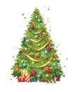 Decorated traditional Christmas tree watercolor illustration hand painted Royalty Free Stock Photo