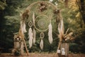 Decorated wedding arch in boho style with dream catchers in the autumn forest. Generative AI