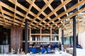 Decorated wooden ceiling by Birch wood. Modern interior design for outdoor rooftop ceiling decorated over counter bar.