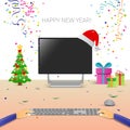 Decorated Workplace Computer Hands Using Typing Happy New Year Internet Christmas Sale Decoration