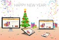 Decorated Workplace Computer Tablet Laptop Smart Phone Happy New Year Decoration