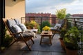 Decorating a beautiful balcony of Vintage Industrial Style Choose Space-Saving Furniture. AI Generated