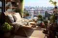 Decorating a beautiful balcony of Vintage Industrial Style Choose Space-Saving Furniture. AI Generated