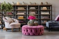 Decorating a beautiful dressing room of Farmhouse Style Choose Velvet Ottoman Seating. AI Generated