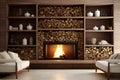 Decorating a beautiful fireplace room of Futuristic Style Install Wall Nooks for Firewood Storage. AI Generated Royalty Free Stock Photo