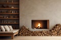 Decorating a beautiful fireplace room of Futuristic Style Install Wall Nooks for Firewood Storage. AI Generated Royalty Free Stock Photo