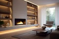 Decorating a beautiful fireplace room of Scandinavian Minimalist Style Install a Recessed TV. AI Generated