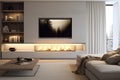 Decorating a beautiful fireplace room of Scandinavian Minimalist Style Install a Recessed TV. AI Generated