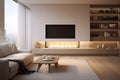 Decorating a beautiful fireplace room of Scandinavian Minimalist Style Install a Recessed TV. AI Generated