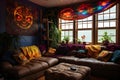 Decorating a beautiful game room of Boho Style Gaming. AI Generated