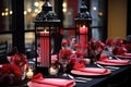 Decorating a beautiful restaurant of Sweet Home Style Themed Table Centerpieces. AI Generated