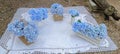 Decorating with blue hydrangeas for a garden photo prop
