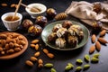 decorating dates and nut balls with drizzled honey Royalty Free Stock Photo