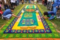 Decorating dyed sawdust Lent carpets, Antigua, Guatemala