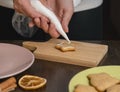 Decorating gingerbread cookies with icing on rustic table with lights. Christmas holiday tradition and advent. Hands Royalty Free Stock Photo