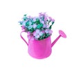 Decoration artificial multicolored flowers in pink watering can isolated on white background with clipping path Royalty Free Stock Photo