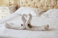 Decoration beds in the hotel two swans and heart of polotets Royalty Free Stock Photo