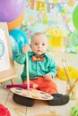 decoration for boy& x27;s first birthday, smash cake in a art painter style Royalty Free Stock Photo