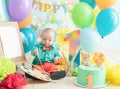 decoration for boy& x27;s first birthday, smash cake in a art painter style Royalty Free Stock Photo