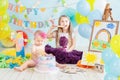 decoration for boy& x27;s first birthday, smash cake in a art painter style Royalty Free Stock Photo