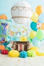 decoration for boy& x27;s first birthday, smash cake in aviator style Royalty Free Stock Photo