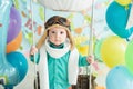 decoration for boy& x27;s first birthday, smash cake in aviator style Royalty Free Stock Photo