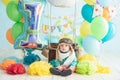 decoration for boy& x27;s first birthday, smash cake in aviator style Royalty Free Stock Photo