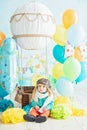 decoration for boy& x27;s first birthday, smash cake in aviator style Royalty Free Stock Photo