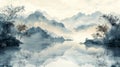 Decoration of Chinese river water with grey watercolor texture in vintage style. Abstract landscape with bamboo leaves