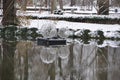 Decoration Christmas ball lightening on the lake. First snow at Bad Fussing, Germany 2022. Winter nature, Christmas Scenery.