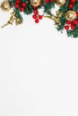 Decoration christmas concept, Fir tree branches decorating with red berries and gold ball with deer Royalty Free Stock Photo