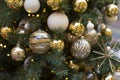 Decoration with a Christmas tree decorated with balls and toys. Sparkling shining festive new year design