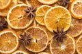 Decoration concept. Christmas atmosphere. Top above overhead view close-up flat-lay photo of dried oranges and anise background