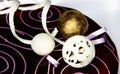 Decoration of confectionery products. Chocolate cake with balls and springs