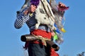 Decoration details of Moshul costume - rabbit skins,ribbons and red belt with cow bells it is personage of romanian Christmas