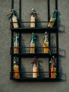 Decoration of different types of pasta in bottles. Pasta in glass bottles in box. A bottle of pasta from hard varieties is