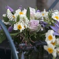 Decoration of dining table. bouquet of white narcissus in vase o Royalty Free Stock Photo