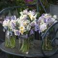 Decoration of dining table. bouquet of white narcissus in vase o Royalty Free Stock Photo