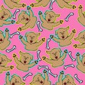 Cute cheerful, excited dog and bone hand drawn seamless pattern cartoon with pink background